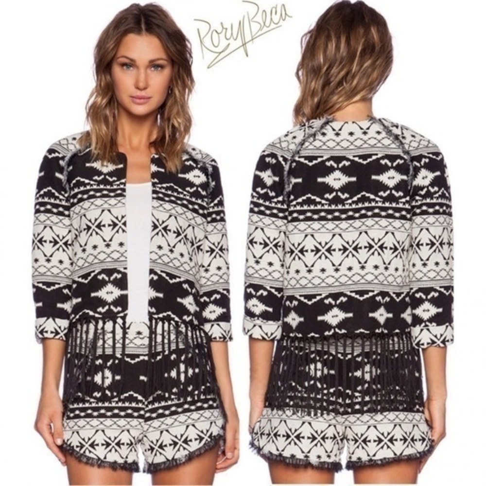 Rory Beca Tribal Fringe jacket womens size extra small black and‎ cream western
